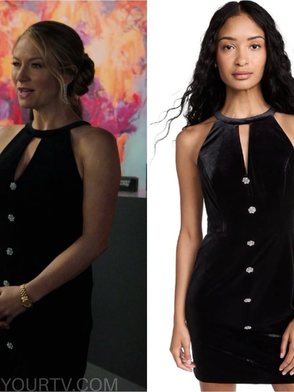 Shoshanna Black Velvet Jules Halter Mini Dress with Crystal Button Accents -NWOT